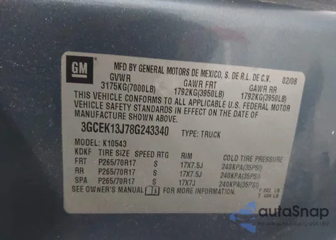 2008 Chevrolet Silverado 1500 Lt1 from USA, damaged, VIN 3GCEK13J78G243340